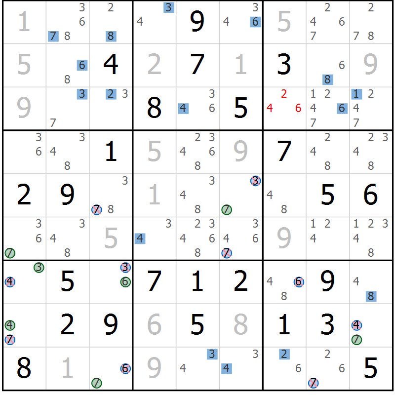 Position des candidats pour la solution de la Gr 49 page 52 du magazine de sudoku Sudoku Suprême n° 036