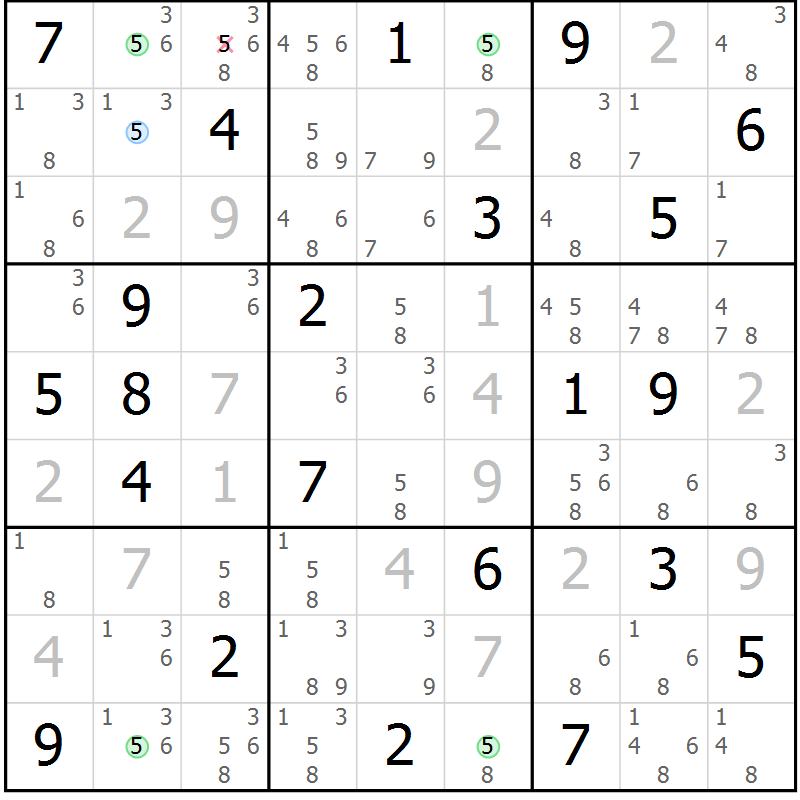 Position des candidats pour la solution de la Gr 5 page 8 du magazine de sudoku Sudoku Suprême n° 036