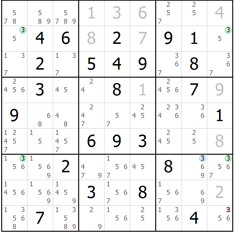 Position des candidats pour la solution de la Gr 51 page 54 du magazine de sudoku Sudoku Suprême n° 036