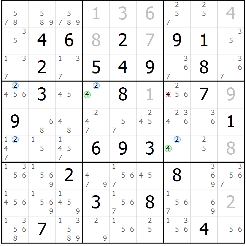 Position des candidats pour la solution de la Gr 51 page 54 du magazine de sudoku Sudoku Suprême n° 036