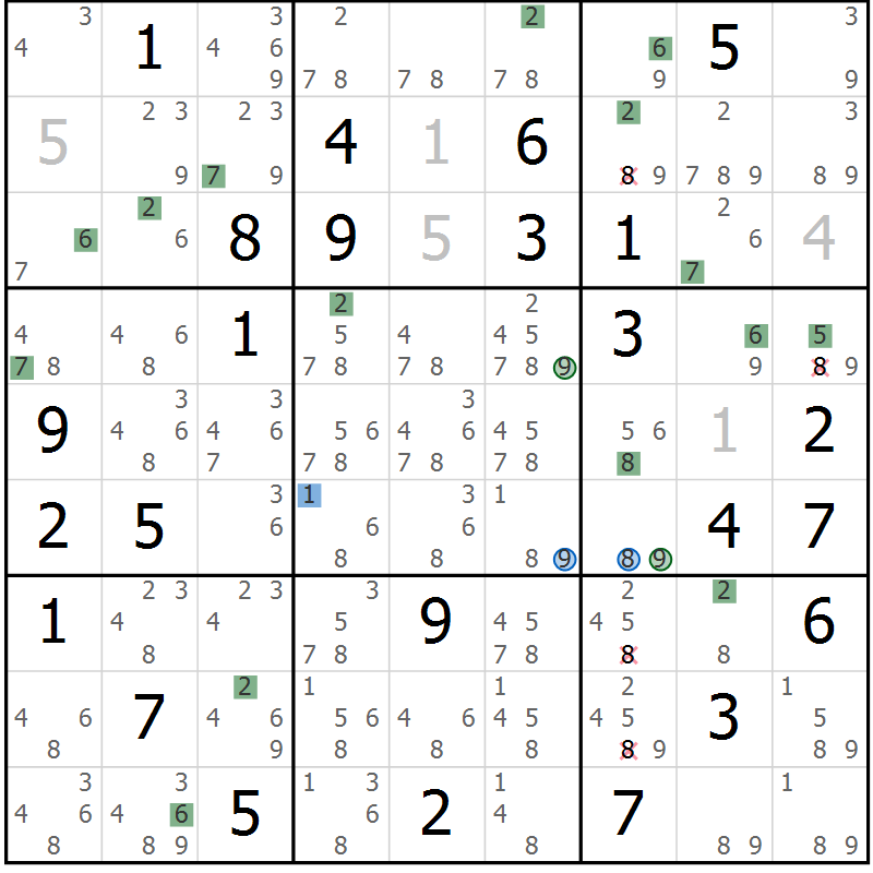 Position des candidats pour la solution de la Gr 52 page 55 du magazine de sudoku Sudoku Suprême n° 036