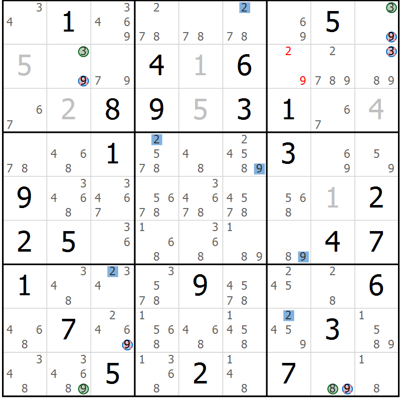 Position des candidats pour la solution de la Gr 52 page 55 du magazine de sudoku Sudoku Suprême n° 036