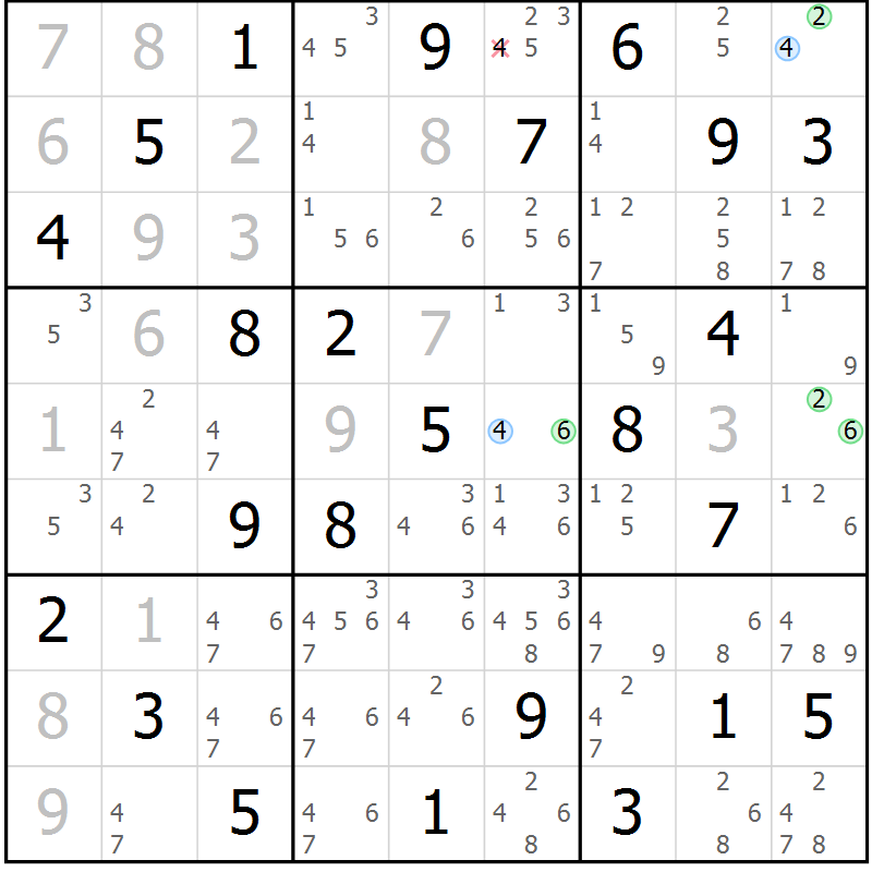 Position des candidats pour la solution de la Gr 54 page 57 du magazine de sudoku Sudoku Suprême n° 036