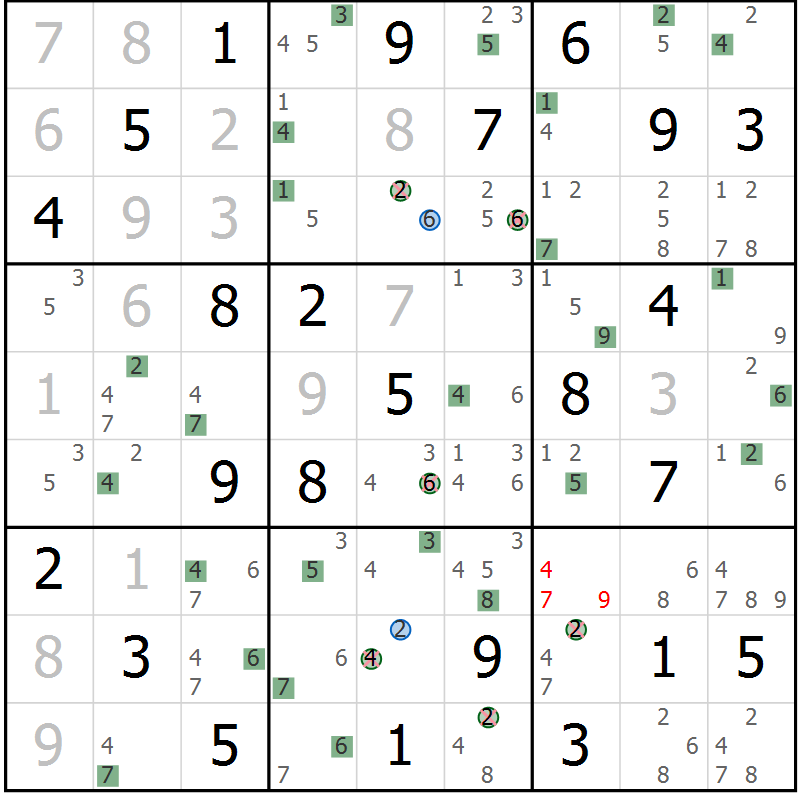 Position des candidats pour la solution de la Gr 54 page 57 du magazine de sudoku Sudoku Suprême n° 036