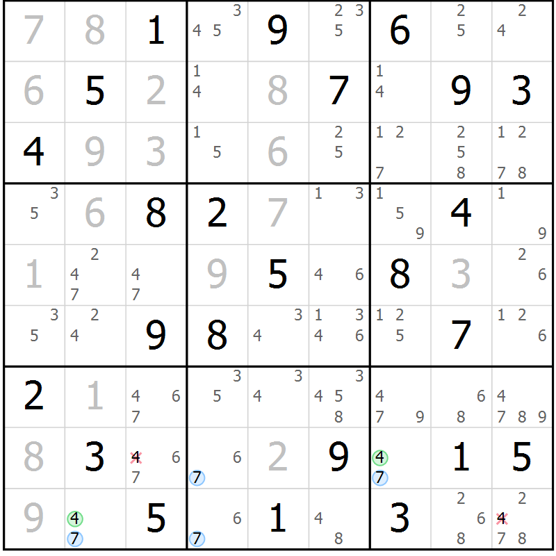 Position des candidats pour la solution de la Gr 54 page 57 du magazine de sudoku Sudoku Suprême n° 036