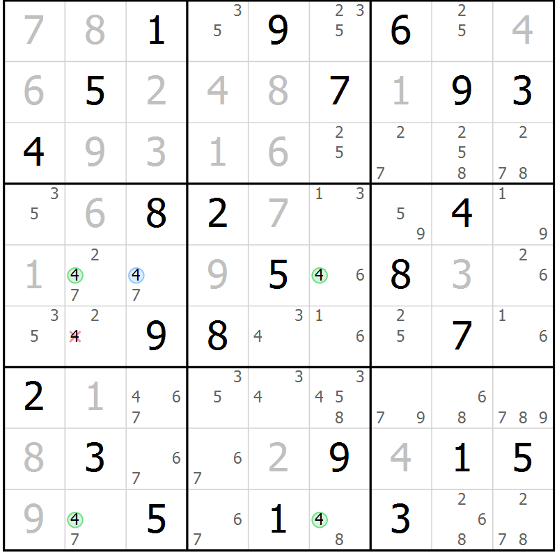 Position des candidats pour la solution de la Gr 54 page 57 du magazine de sudoku Sudoku Suprême n° 036