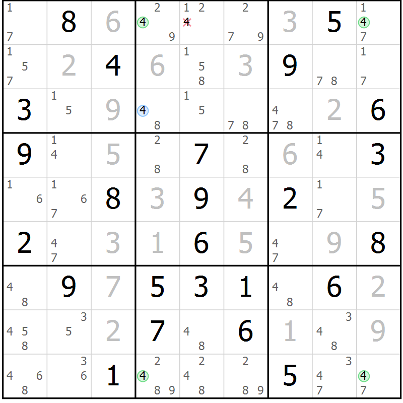 Position des candidats pour la solution de la Gr 55 page 58 du magazine de sudoku Sudoku Suprême n° 036