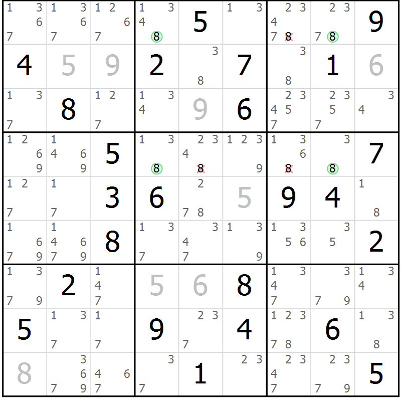 Position des candidats pour la solution de la Gr 56 page 59 du magazine de sudoku Sudoku Suprême n° 036