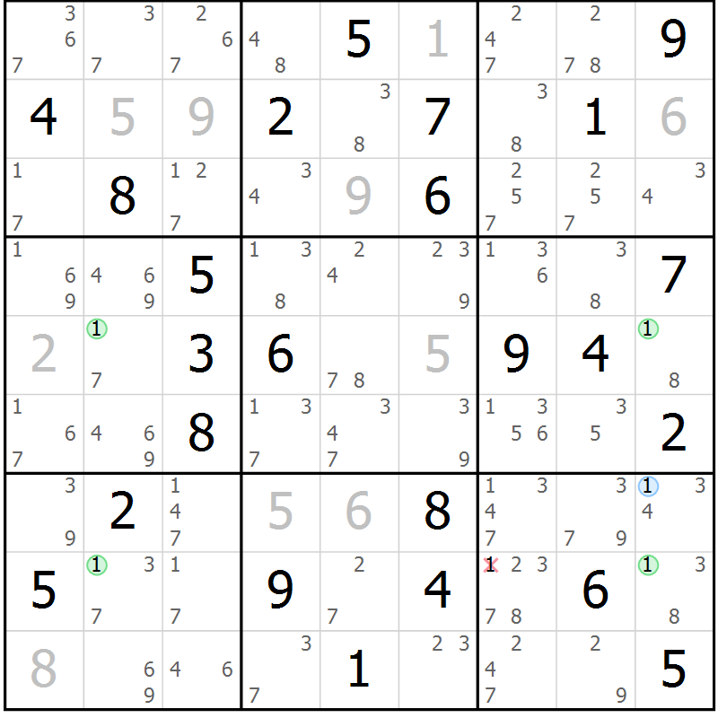 Position des candidats pour la solution de la Gr 56 page 59 du magazine de sudoku Sudoku Suprême n° 036
