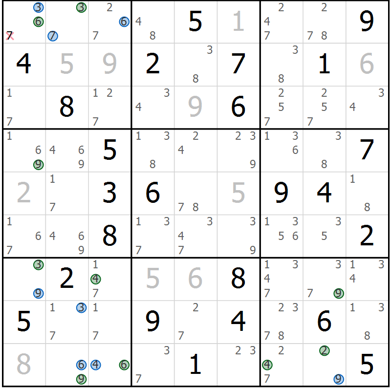 Position des candidats pour la solution de la Gr 56 page 59 du magazine de sudoku Sudoku Suprême n° 036