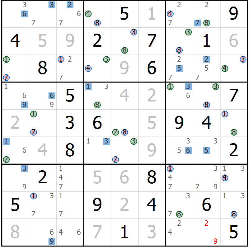 Position des candidats pour la solution de la Gr 56 page 59 du magazine de sudoku Sudoku Suprême n° 036