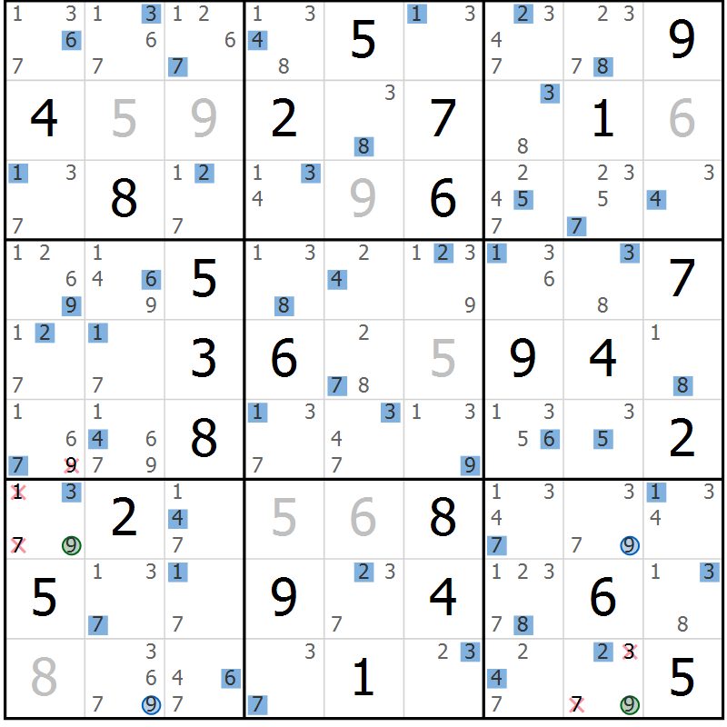 Position des candidats pour la solution de la Gr 56 page 59 du magazine de sudoku Sudoku Suprême n° 036