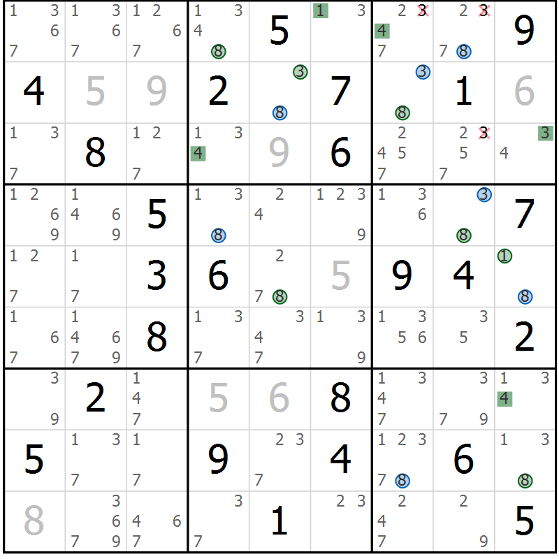 Position des candidats pour la solution de la Gr 56 page 59 du magazine de sudoku Sudoku Suprême n° 036