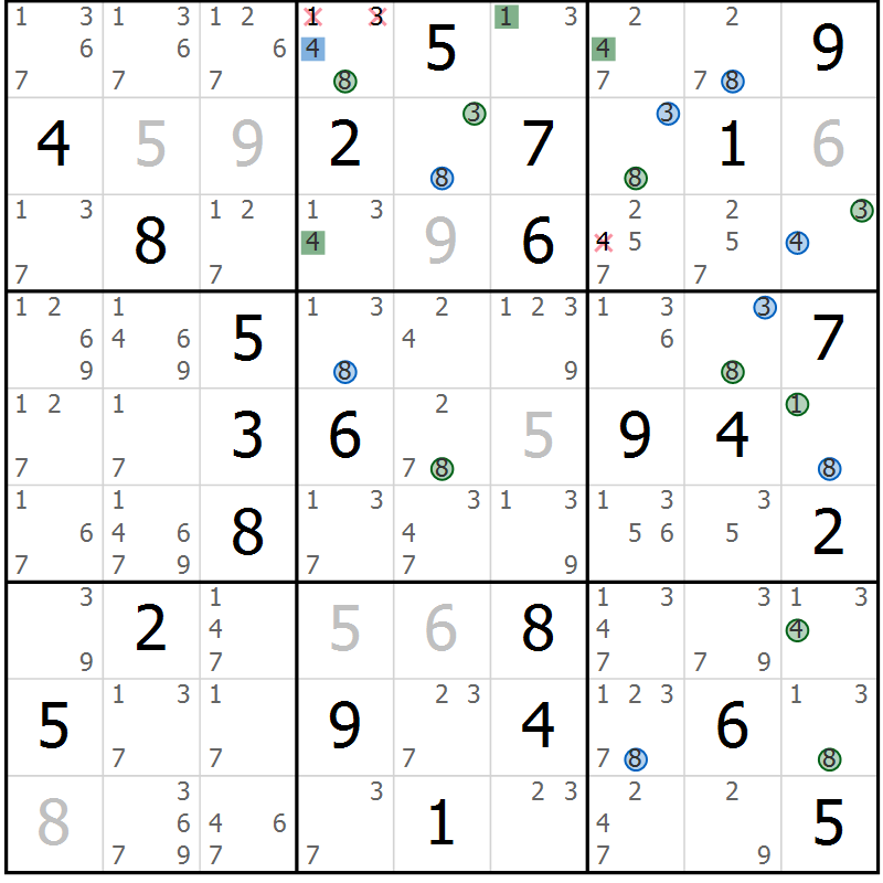 Position des candidats pour la solution de la Gr 56 page 59 du magazine de sudoku Sudoku Suprême n° 036