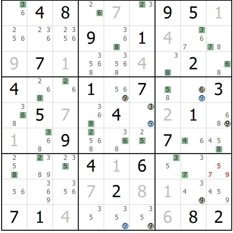 Position des candidats pour la solution de la Gr 57 page 60 du magazine de sudoku Sudoku Suprême n° 036