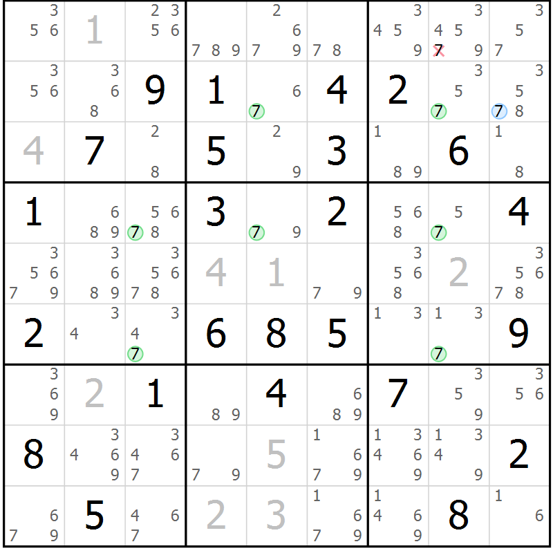 Position des candidats pour la solution de la Gr 59 page 62 du magazine de sudoku Sudoku Suprême n° 036
