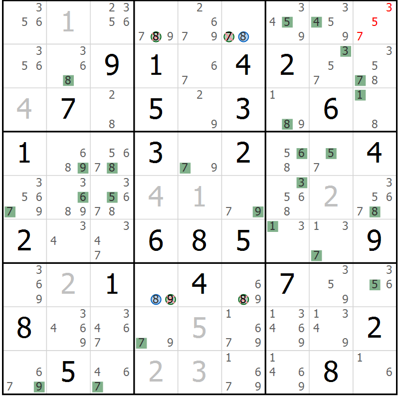 Position des candidats pour la solution de la Gr 59 page 62 du magazine de sudoku Sudoku Suprême n° 036