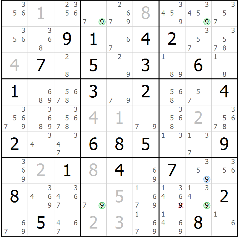 Position des candidats pour la solution de la Gr 59 page 62 du magazine de sudoku Sudoku Suprême n° 036