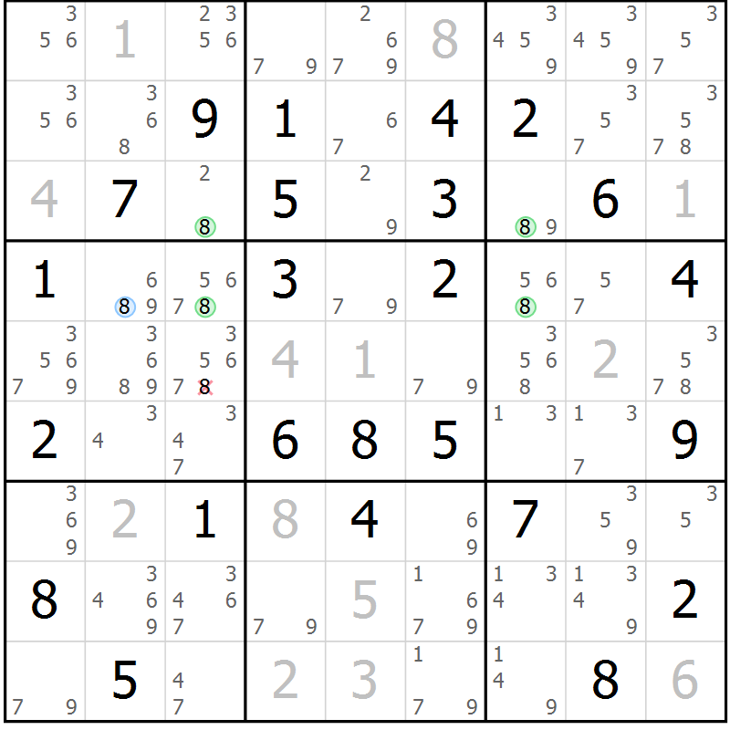 Position des candidats pour la solution de la Gr 59 page 62 du magazine de sudoku Sudoku Suprême n° 036