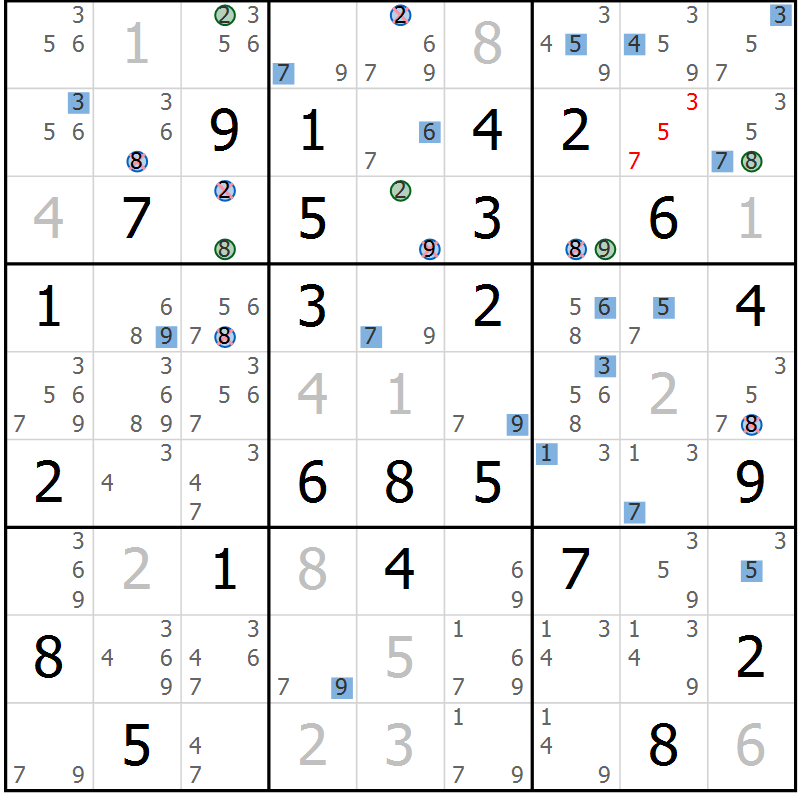 Position des candidats pour la solution de la Gr 59 page 62 du magazine de sudoku Sudoku Suprême n° 036