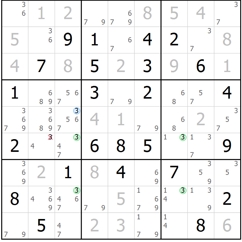Position des candidats pour la solution de la Gr 59 page 62 du magazine de sudoku Sudoku Suprême n° 036