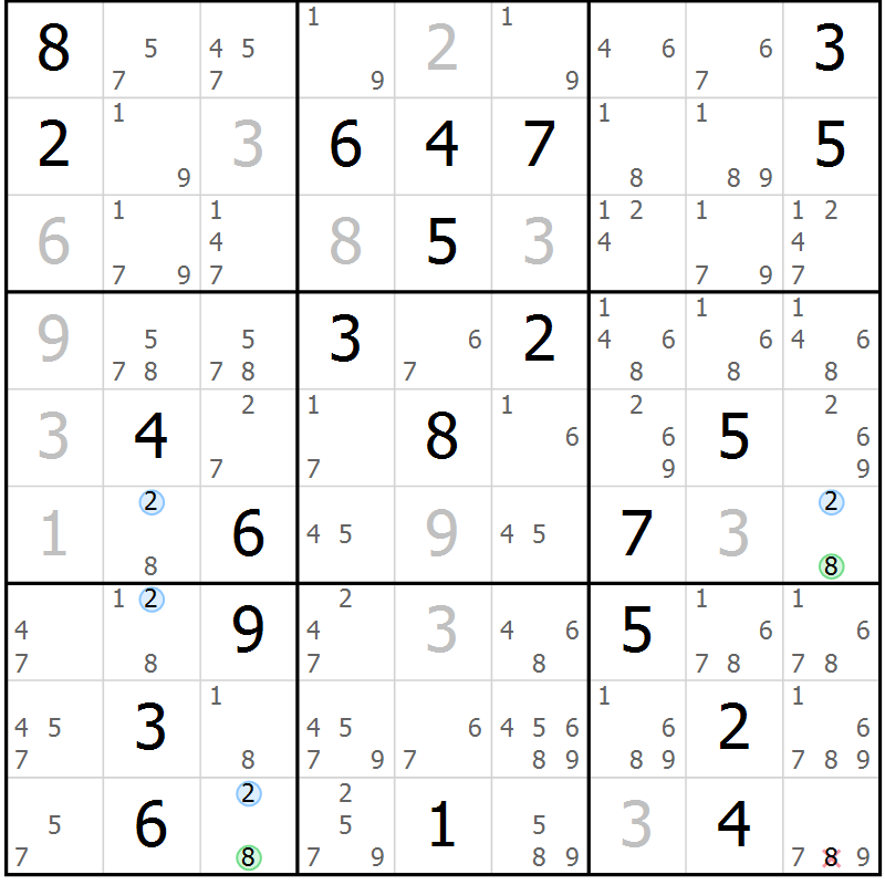 Position des candidats pour la solution de la Gr 6 page 9 du magazine de sudoku Sudoku Suprême n° 036