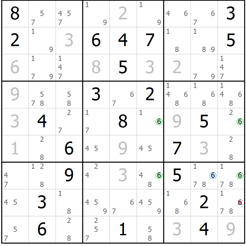 Position des candidats pour la solution de la Gr 6 page 9 du magazine de sudoku Sudoku Suprême n° 036