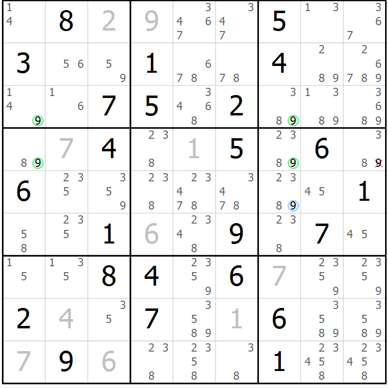 Position des candidats pour la solution de la Gr 60 page 63 du magazine de sudoku Sudoku Suprême n° 036