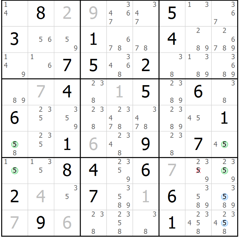 Position des candidats pour la solution de la Gr 60 page 63 du magazine de sudoku Sudoku Suprême n° 036