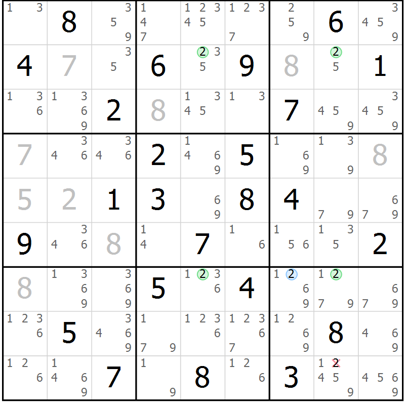 Position des candidats pour la solution de la Gr 61 page 64 du magazine de sudoku Sudoku Suprême n° 036