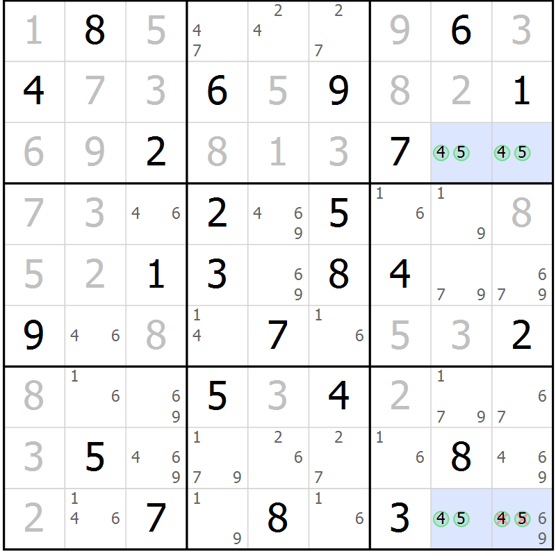 Position des candidats pour la solution de la Gr 61 page 64 du magazine de sudoku Sudoku Suprême n° 036