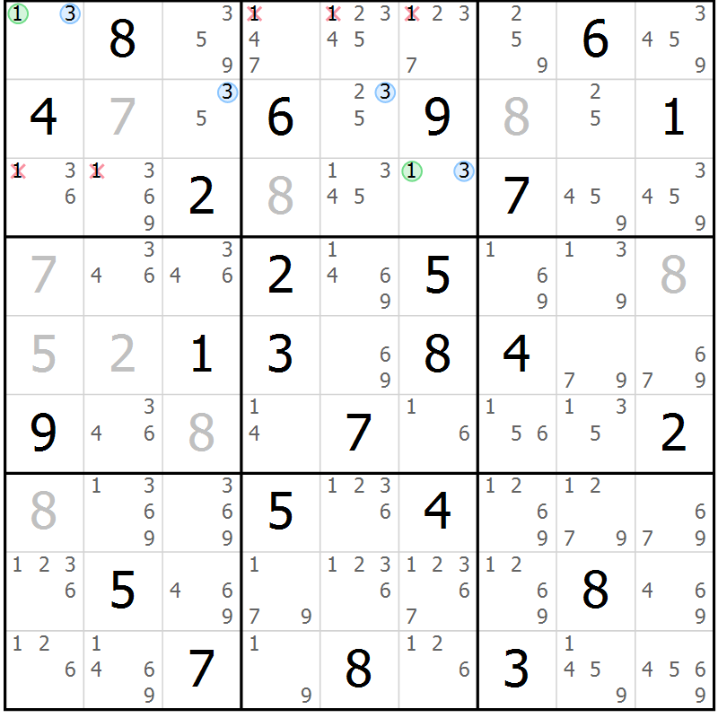 Position des candidats pour la solution de la Gr 61 page 64 du magazine de sudoku Sudoku Suprême n° 036