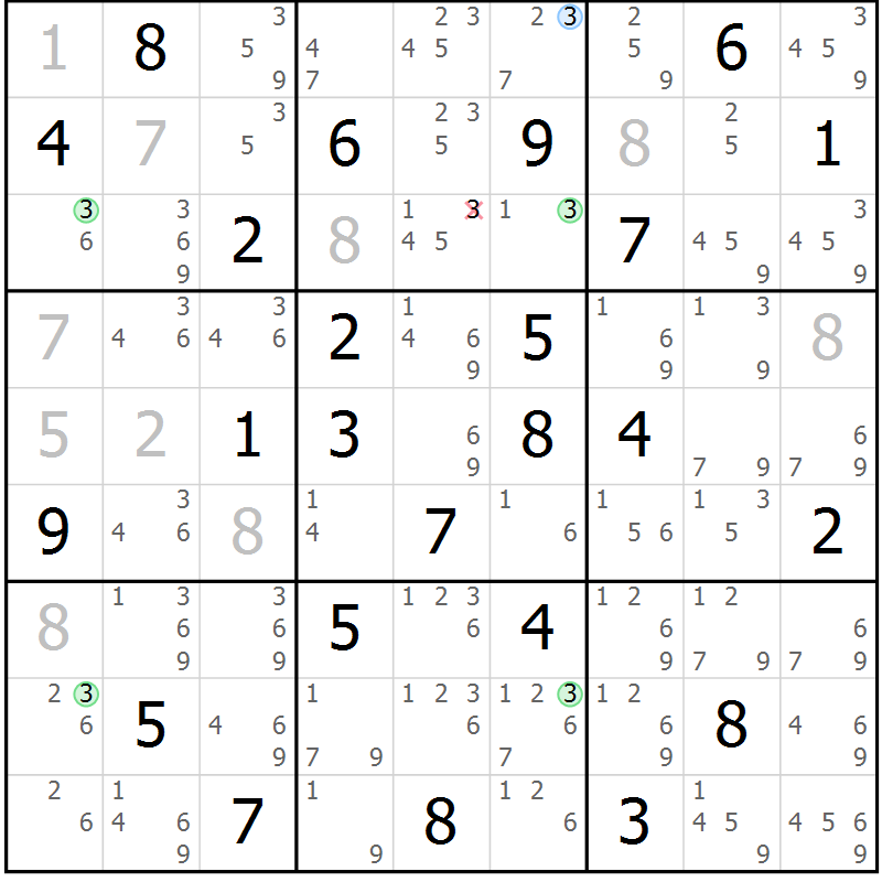Position des candidats pour la solution de la Gr 61 page 64 du magazine de sudoku Sudoku Suprême n° 036
