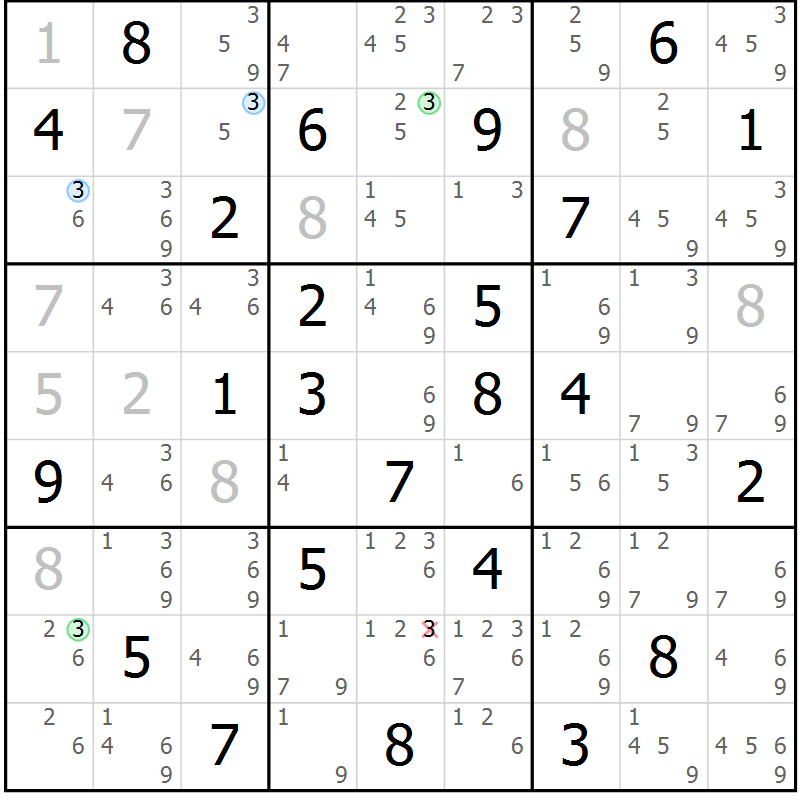 Position des candidats pour la solution de la Gr 61 page 64 du magazine de sudoku Sudoku Suprême n° 036