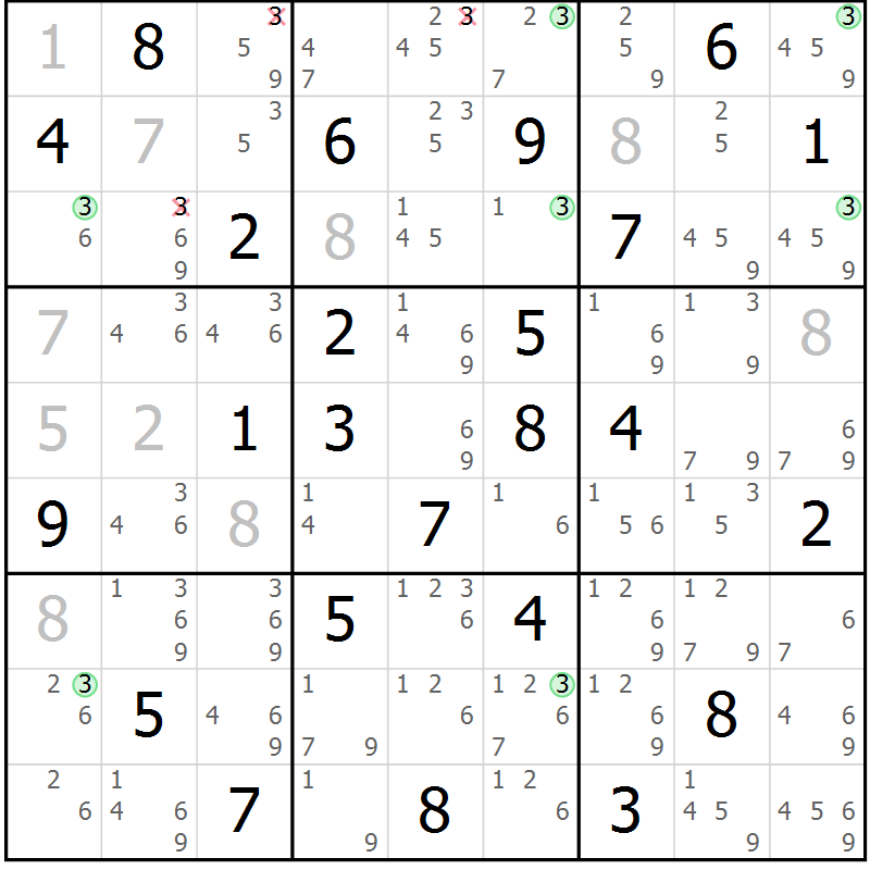 Position des candidats pour la solution de la Gr 61 page 64 du magazine de sudoku Sudoku Suprême n° 036