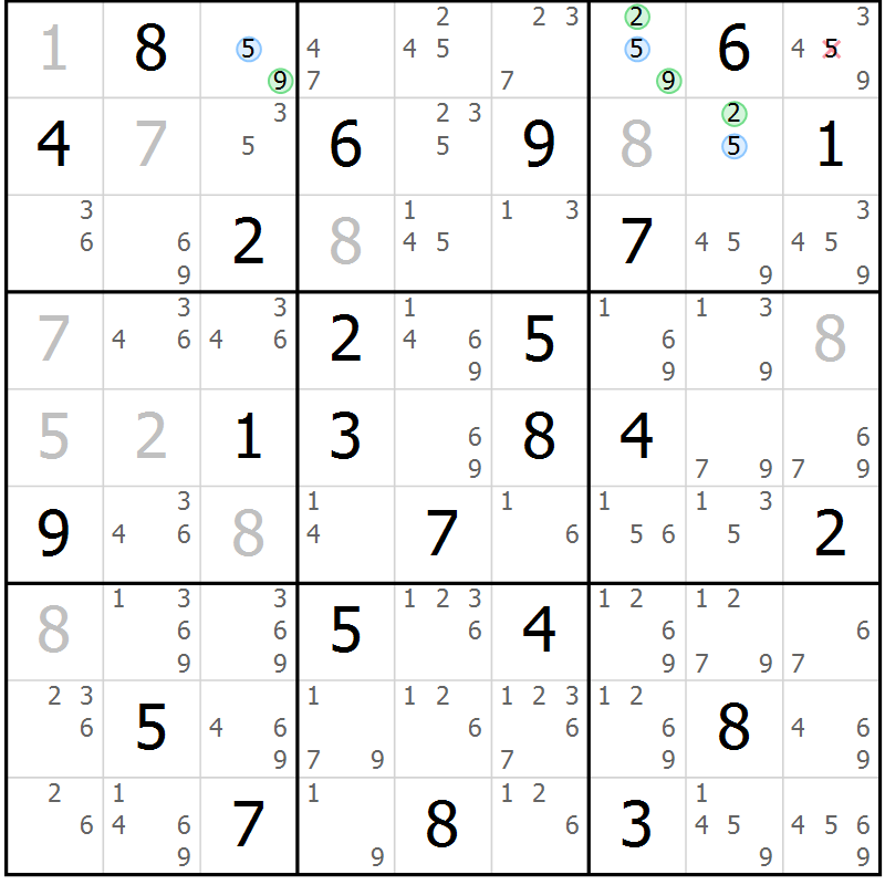 Position des candidats pour la solution de la Gr 61 page 64 du magazine de sudoku Sudoku Suprême n° 036
