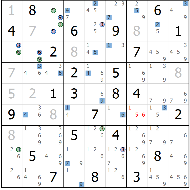 Position des candidats pour la solution de la Gr 61 page 64 du magazine de sudoku Sudoku Suprême n° 036