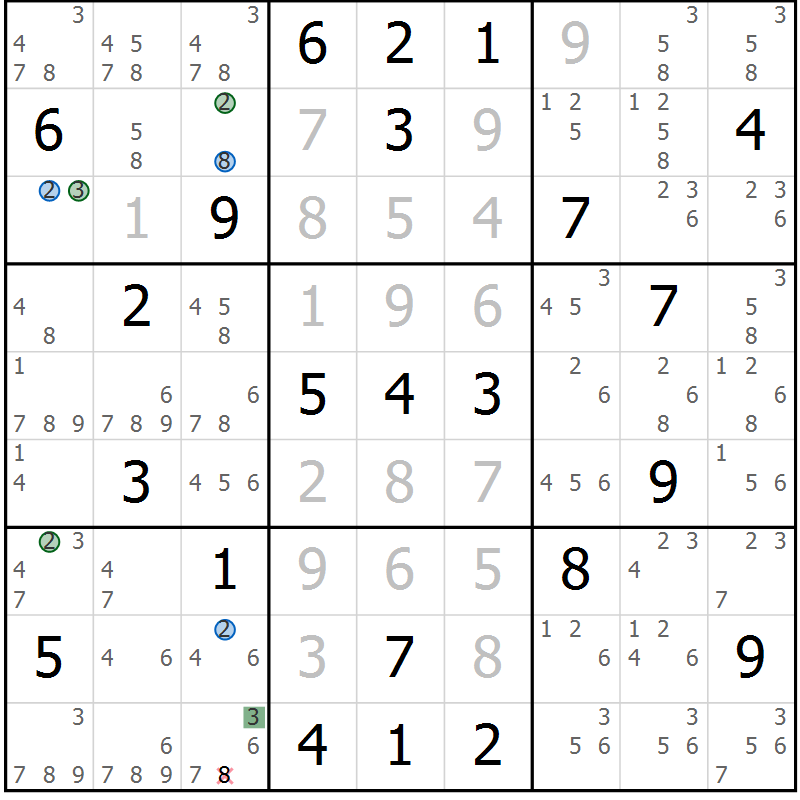 Position des candidats pour la solution de la Gr 62 page 65 du magazine de sudoku Sudoku Suprême n° 036