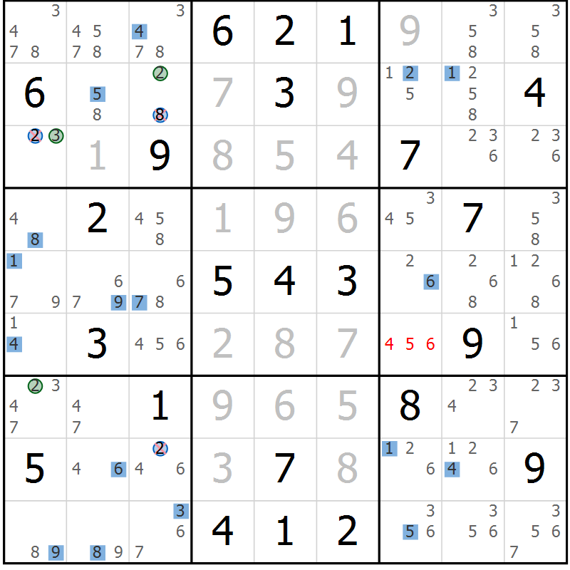 Position des candidats pour la solution de la Gr 62 page 65 du magazine de sudoku Sudoku Suprême n° 036