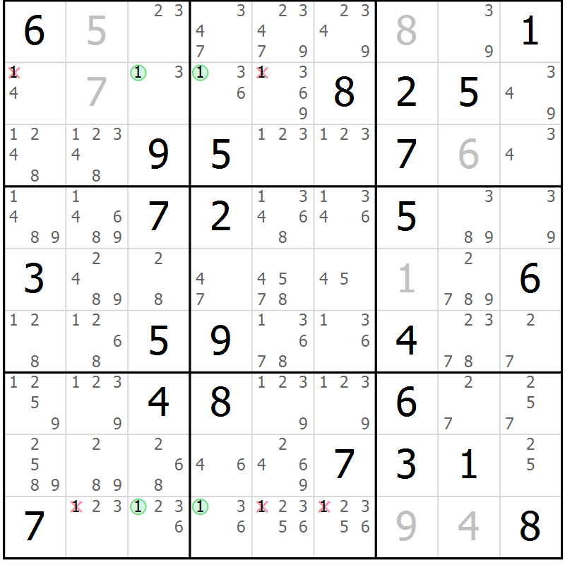 Position des candidats pour la solution de la Gr 63 page 66 du magazine de sudoku Sudoku Suprême n° 036