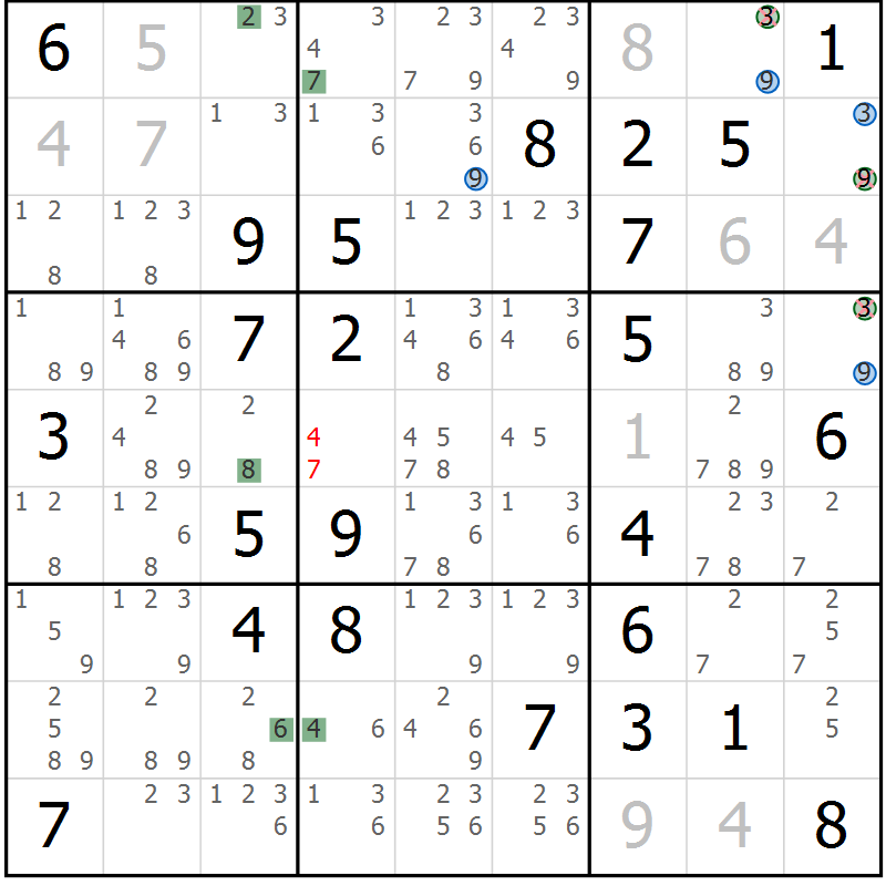 Position des candidats pour la solution de la Gr 63 page 66 du magazine de sudoku Sudoku Suprême n° 036