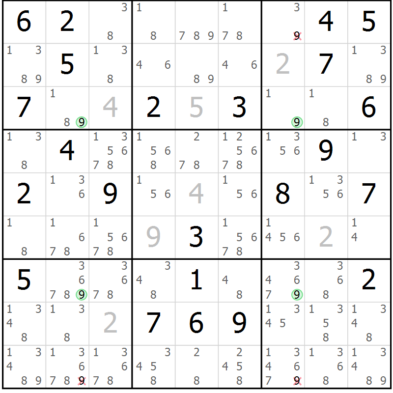Position des candidats pour la solution de la Gr 64 page 67 du magazine de sudoku Sudoku Suprême n° 036