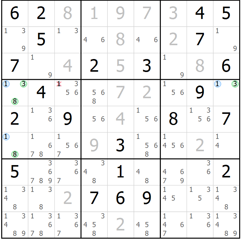 Position des candidats pour la solution de la Gr 64 page 67 du magazine de sudoku Sudoku Suprême n° 036