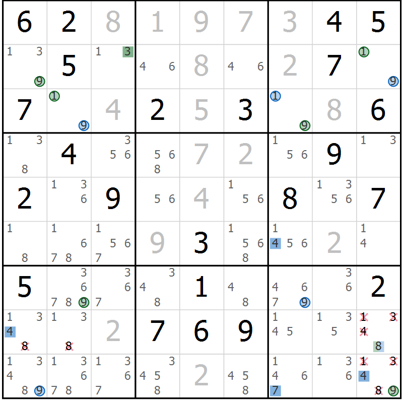 Position des candidats pour la solution de la Gr 64 page 67 du magazine de sudoku Sudoku Suprême n° 036