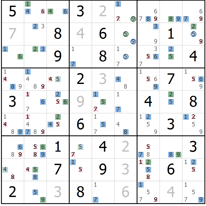 Position des candidats pour la solution de la Gr 66 page 69 du magazine de sudoku Sudoku Suprême n° 036