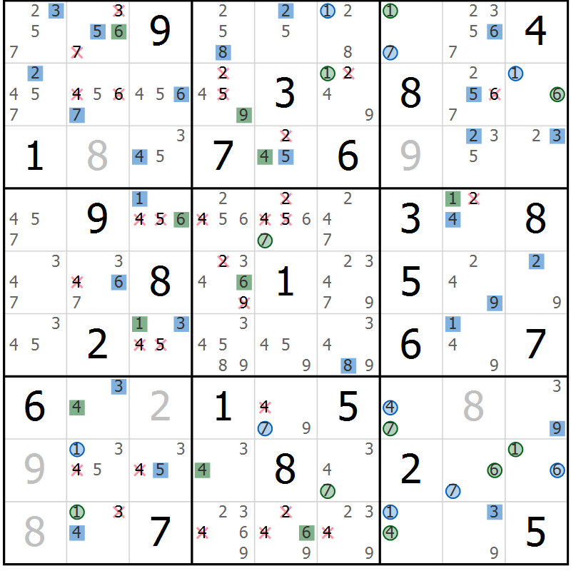 Position des candidats pour la solution de la Gr 67 page 70 du magazine de sudoku Sudoku Suprême n° 036