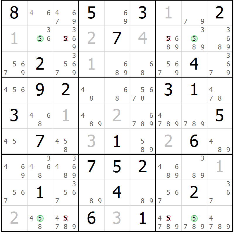 Position des candidats pour la solution de la Gr 69 page 72 du magazine de sudoku Sudoku Suprême n° 036