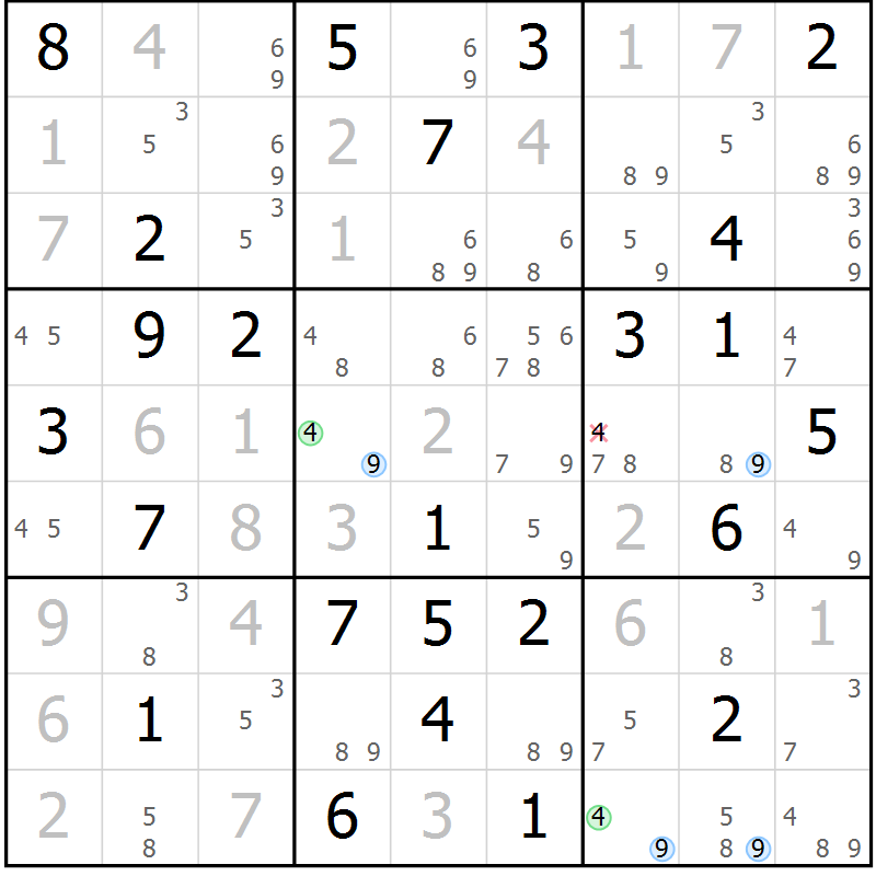 Position des candidats pour la solution de la Gr 69 page 72 du magazine de sudoku Sudoku Suprême n° 036