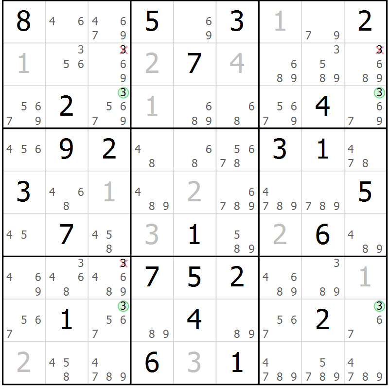 Position des candidats pour la solution de la Gr 69 page 72 du magazine de sudoku Sudoku Suprême n° 036