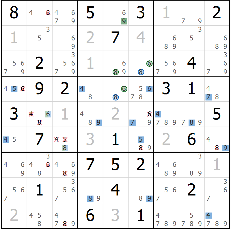 Position des candidats pour la solution de la Gr 69 page 72 du magazine de sudoku Sudoku Suprême n° 036